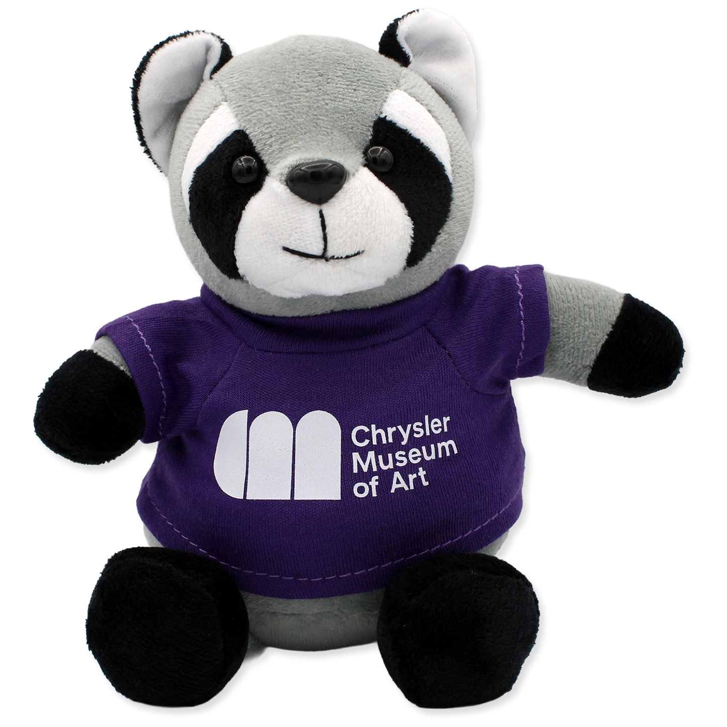 Plush raccoon toy wearing a purple shirt with 'Chrysler Museum of Art' logo on a white background