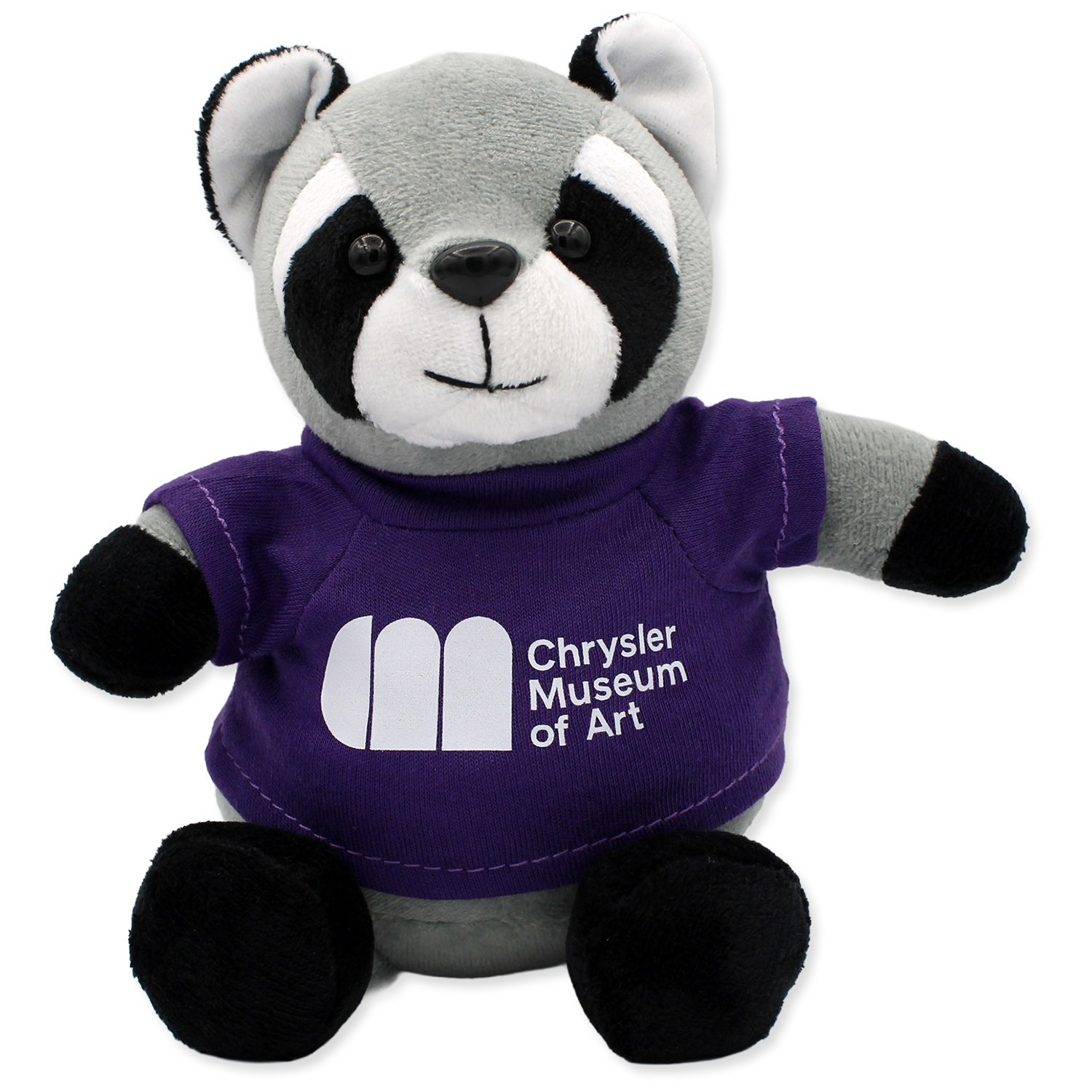 Plush raccoon toy wearing a purple shirt with 'Chrysler Museum of Art' logo on a white background