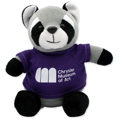 Plush raccoon toy wearing a purple shirt with 'Chrysler Museum of Art' logo on a white background
