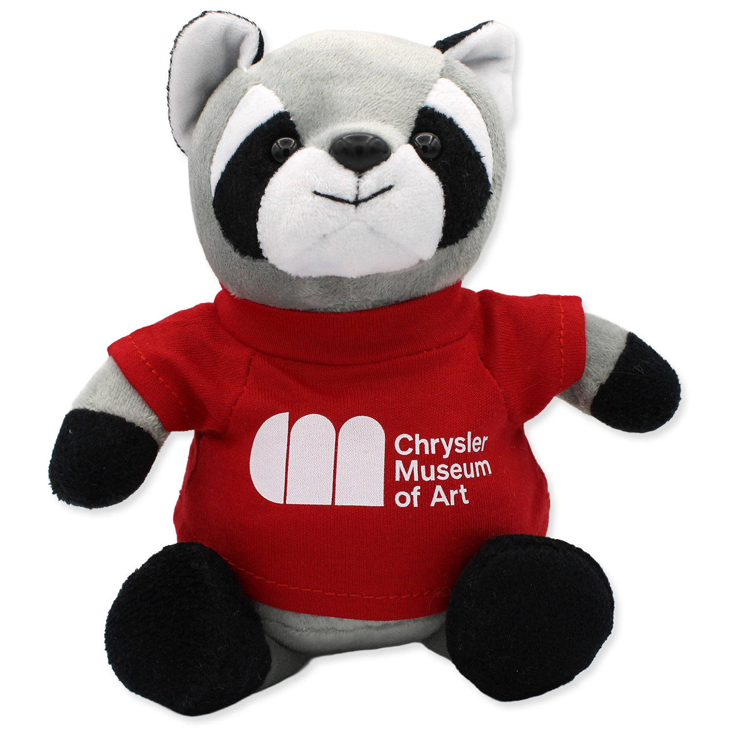 Plush raccoon toy wearing a red shirt with 'Chrysler Museum of Art' logo on a white background