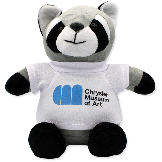 Plush raccoon toy wearing a shirt with the Chrysler Museum of Art logo on a white background