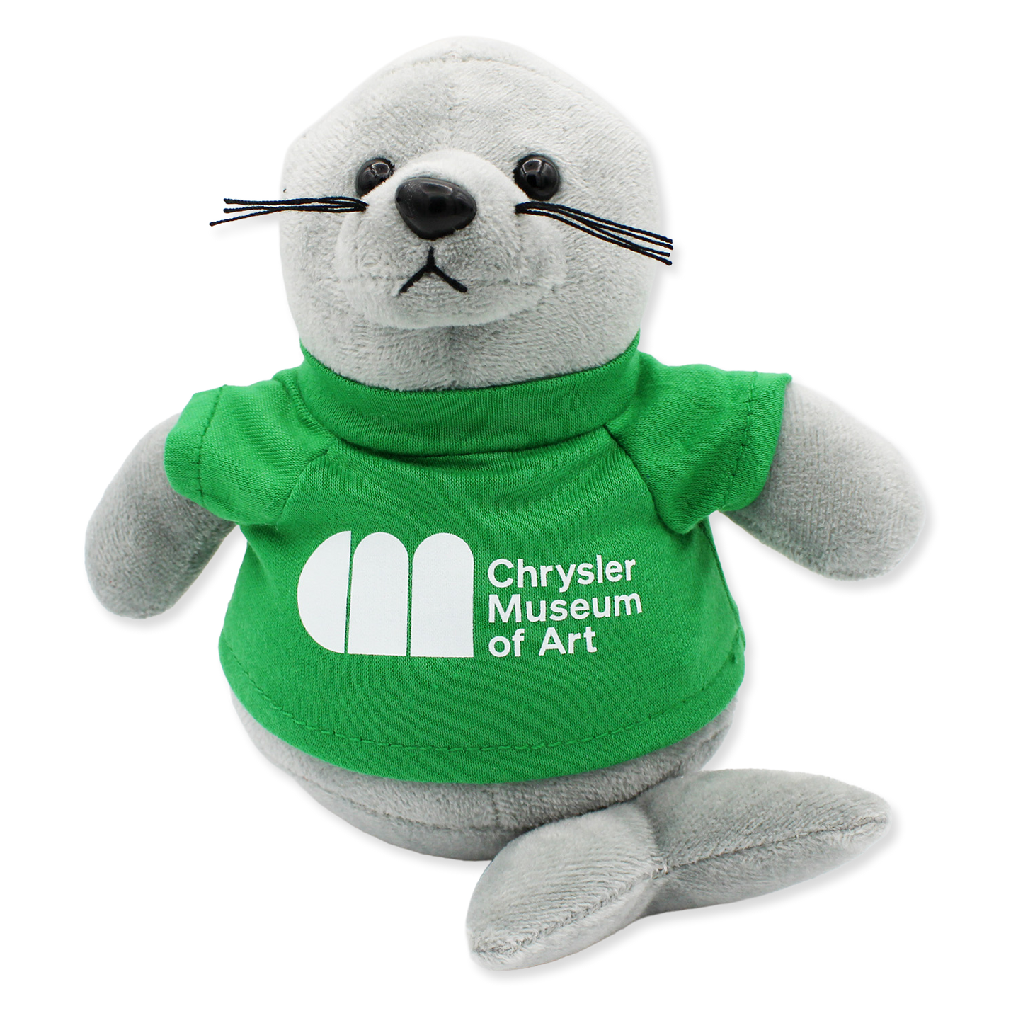 Plush seal toy wearing a green shirt with Chrysler Museum of Art logo on a white background