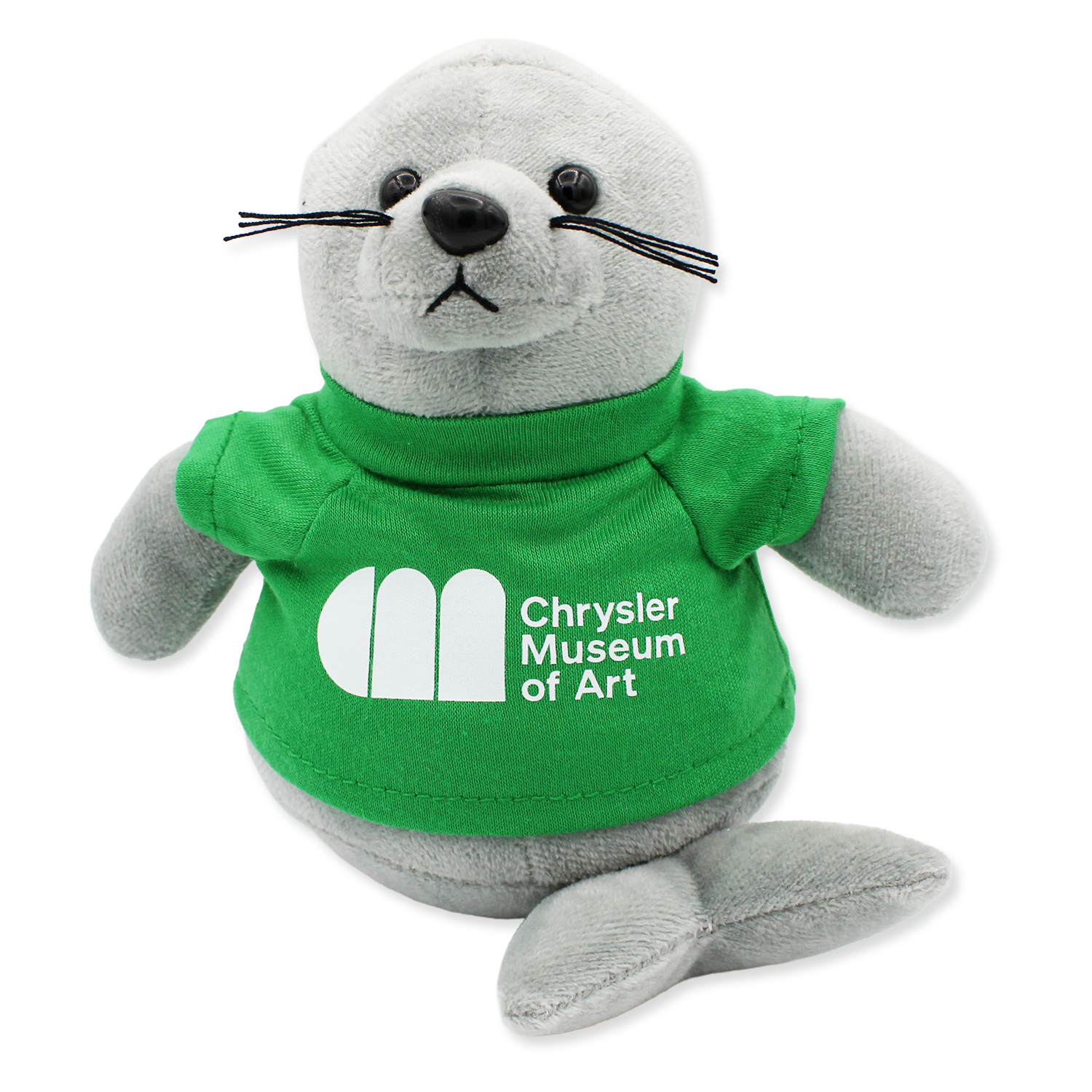 Plush seal toy wearing a green shirt with Chrysler Museum of Art logo on a white background