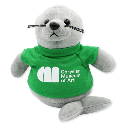 Plush seal toy wearing a green shirt with Chrysler Museum of Art logo on a white background