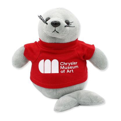 Plush seal toy wearing a red shirt with 'Chrysler Museum of Art' logo on a white background