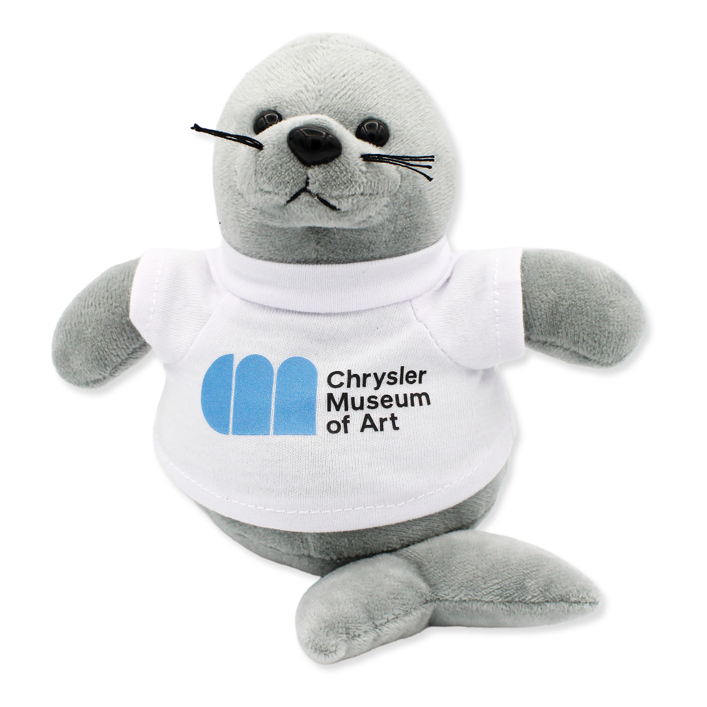 Plush seal toy wearing a t-shirt with Chrysler Museum of Art logo on a white background