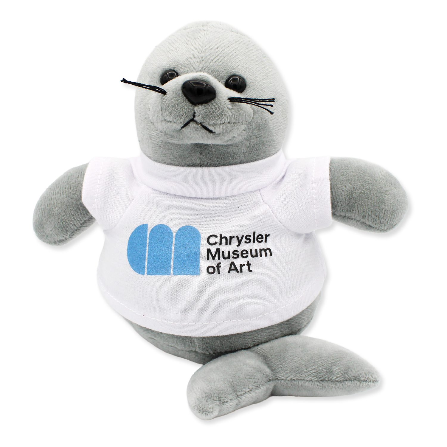 Plush seal toy wearing a t-shirt with Chrysler Museum of Art logo on a white background