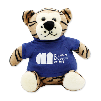 Plush tiger toy wearing a blue shirt with Chrysler Museum of Art logo on a white background