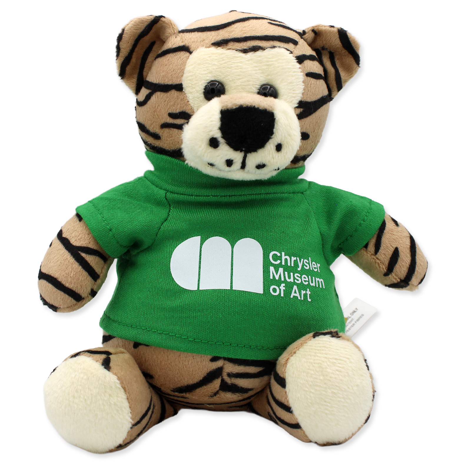 Plush tiger toy wearing a green shirt with Chrysler Museum of Art logo on a white background