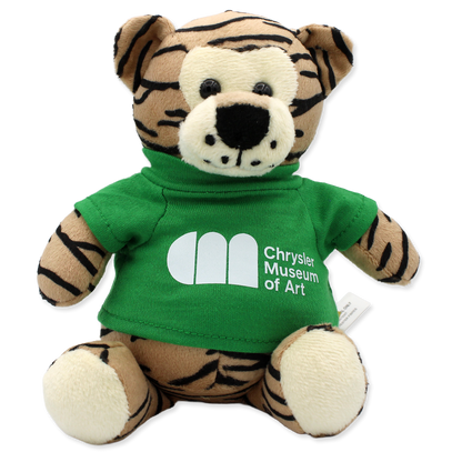 Plush tiger toy wearing a green shirt with Chrysler Museum of Art logo on a white background