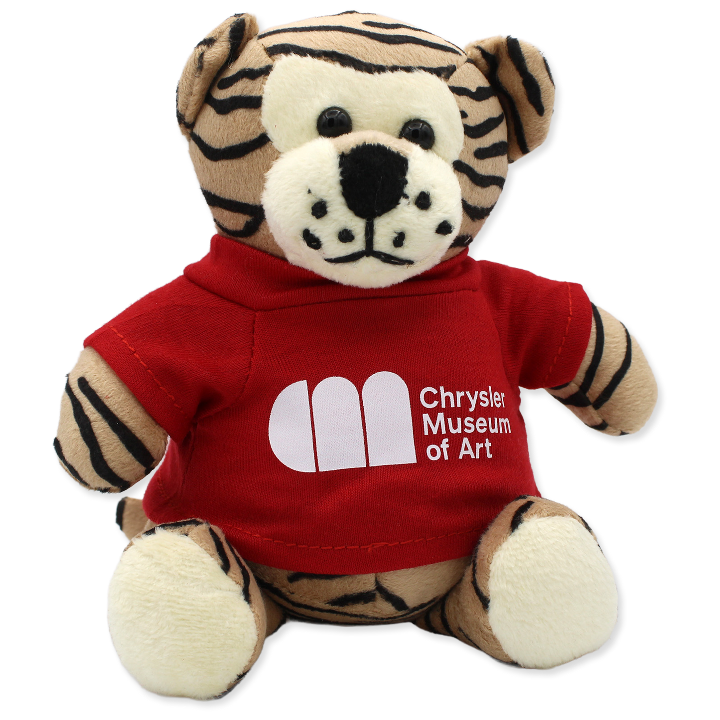 Plush tiger toy wearing a red shirt with Chrysler Museum of Art logo on a white background