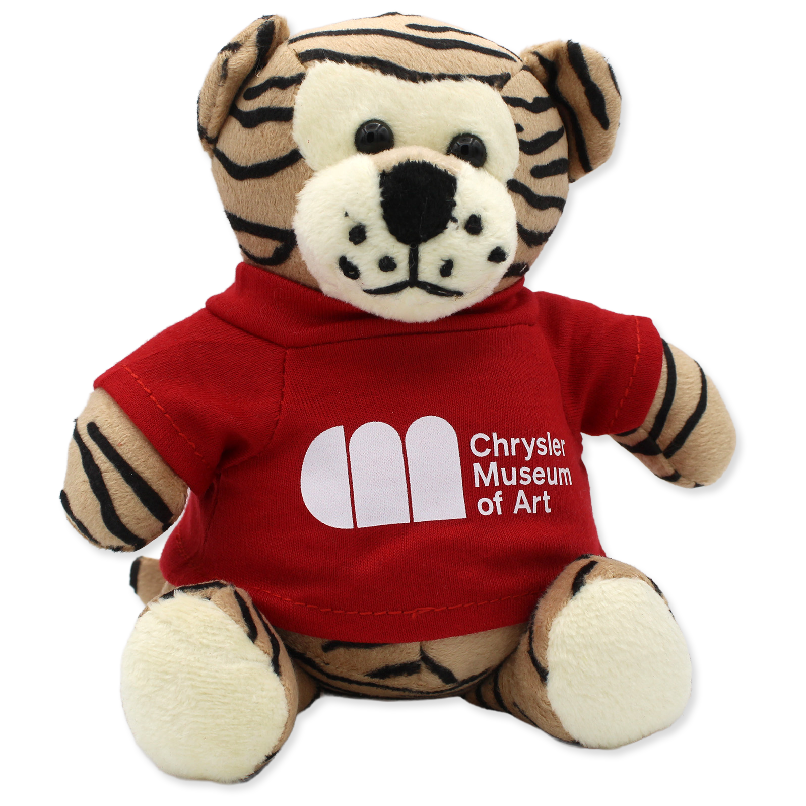 Plush tiger toy wearing a red shirt with Chrysler Museum of Art logo on a white background