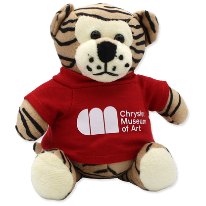 Plush tiger toy wearing a red shirt with Chrysler Museum of Art logo on a white background
