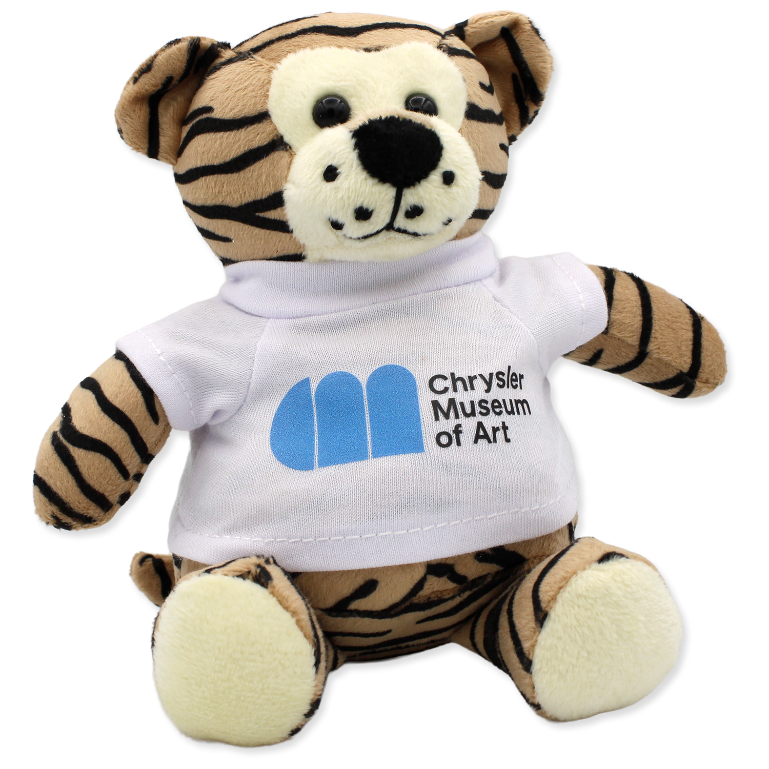Plush tiger toy wearing a shirt with the Chrysler Museum of Art logo on a white background