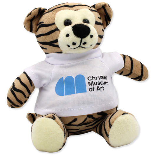 Plush tiger toy wearing a shirt with the Chrysler Museum of Art logo on a white background