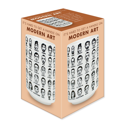Packaging featuring "t's Hard To Get A Handle On Modern Art" with image of a cup (no handle) decorated with portraits of famous modern artists.