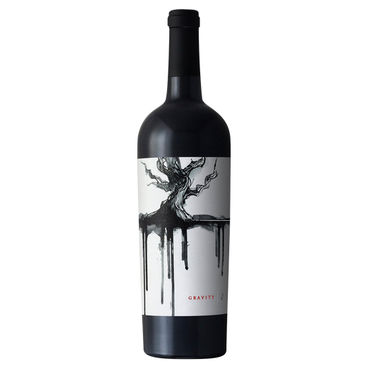 Wine bottle with a black and white label on a white background
