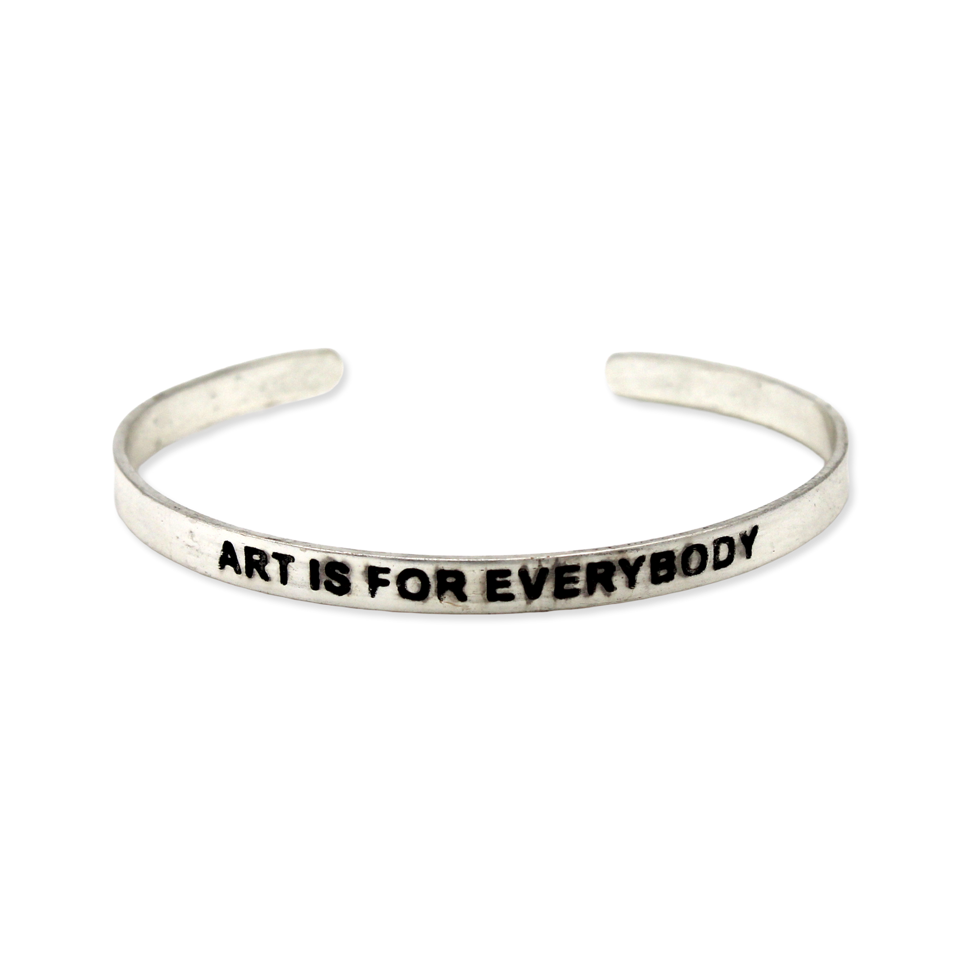 Silver cuff with the motto "Art is for everybody"