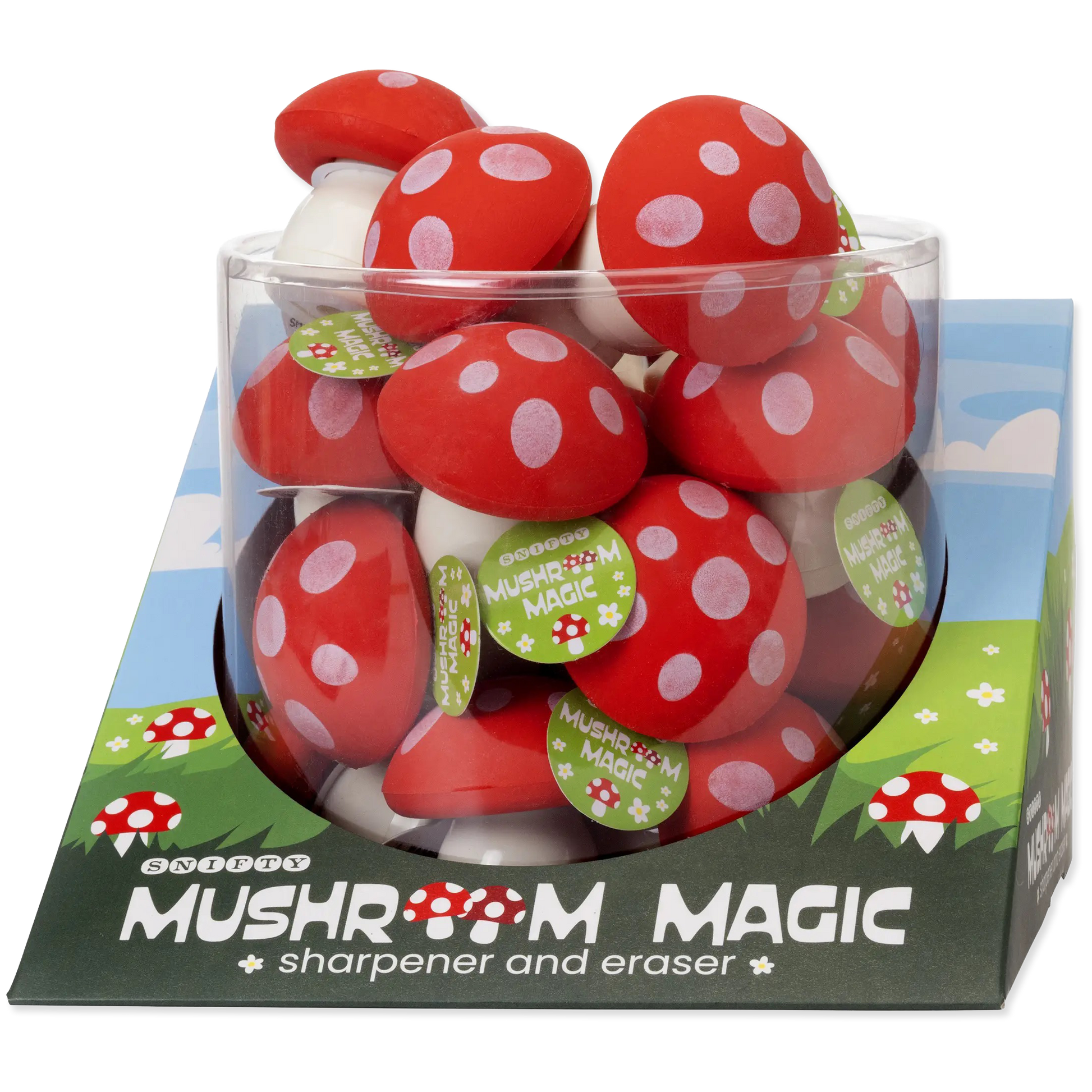 Container of red and white mushroom-shaped items with 'Mushroom Magic' branding on a colorful box background.