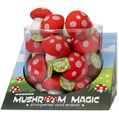 Container of red and white mushroom-shaped items with 'Mushroom Magic' branding on a colorful box background.