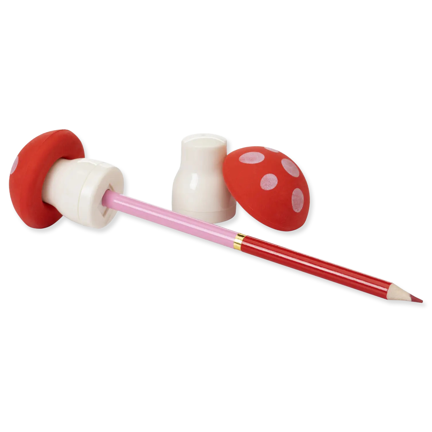 Red and white mushroom-shaped pencil sharpener with a pink pencil on a white background