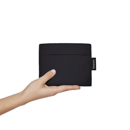 Black pouch held by a hand on a white background