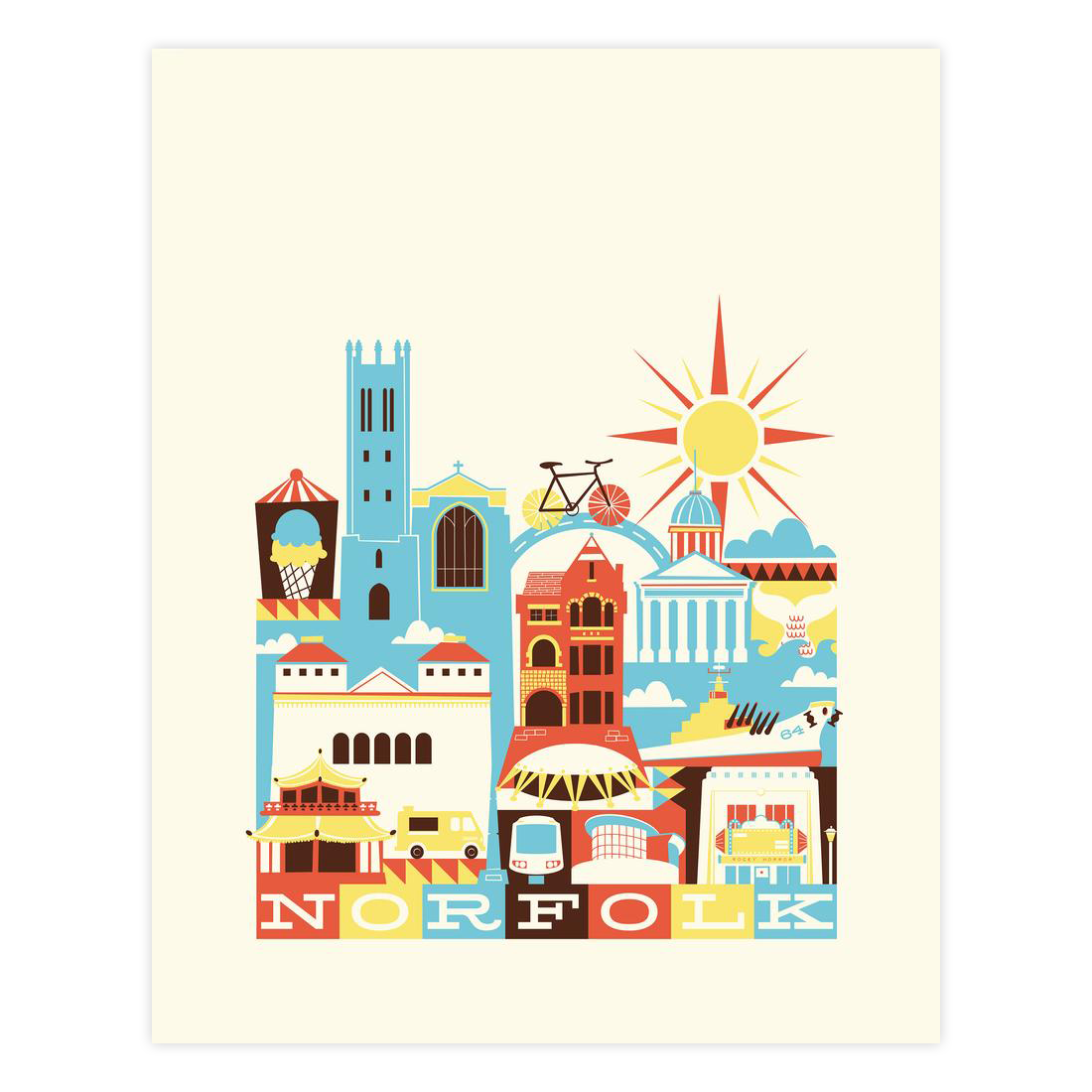 Illustration of Norfolk with colorful buildings and landmarks on a beige background