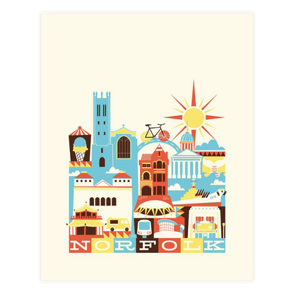 Illustration of Norfolk with colorful buildings and landmarks on a beige background