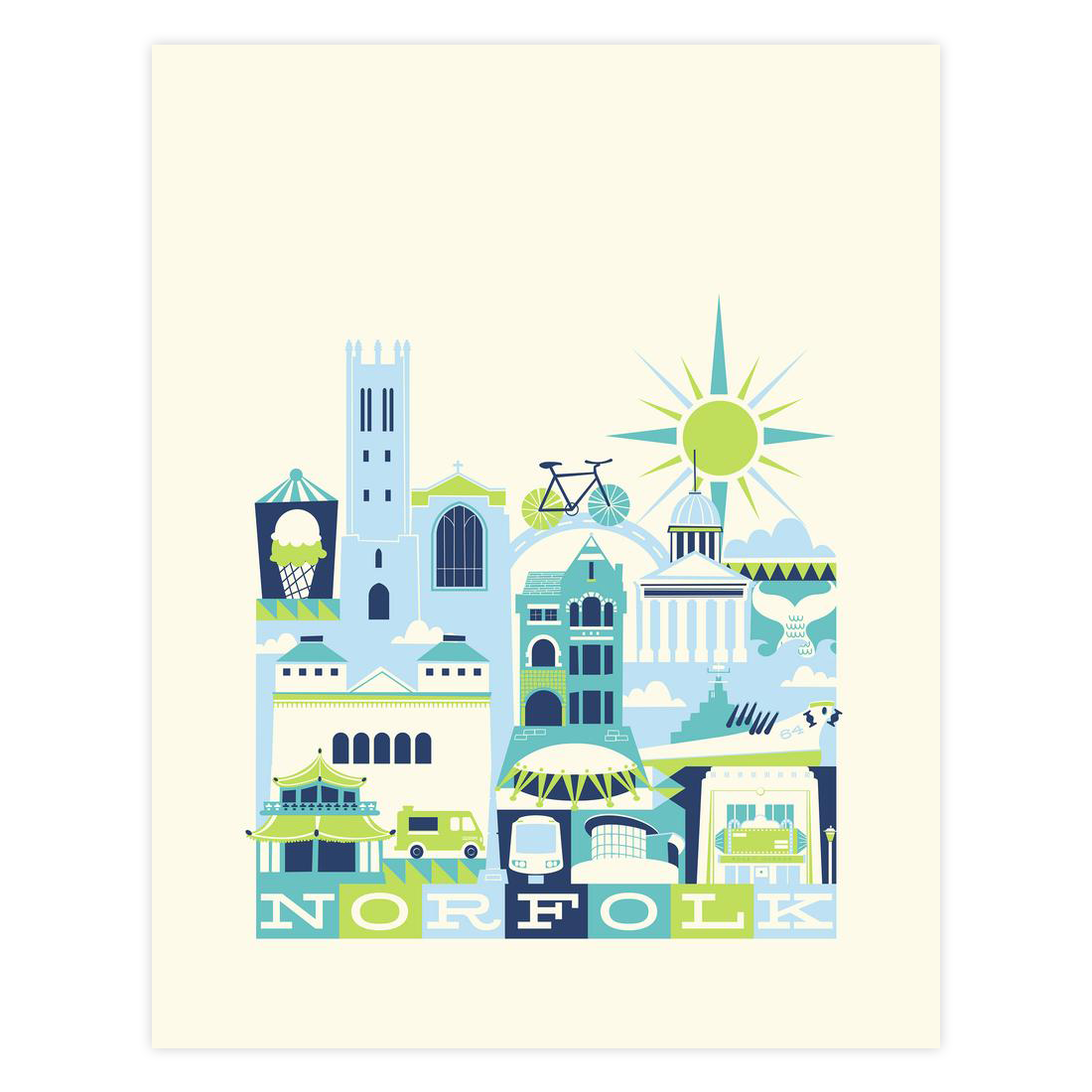 Illustration of Norfolk landmarks with colorful buildings and a sun on a beige background