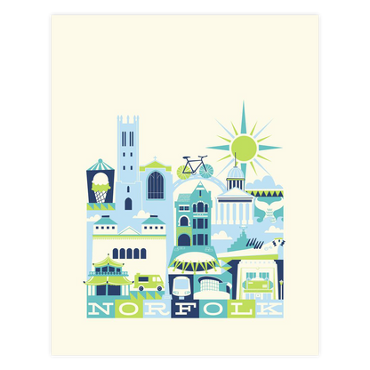 Illustration of Norfolk landmarks with colorful buildings and a sun on a beige background