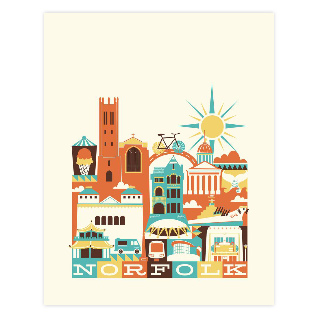 Illustration of Norfolk landmarks with colorful buildings and a sun on a beige background