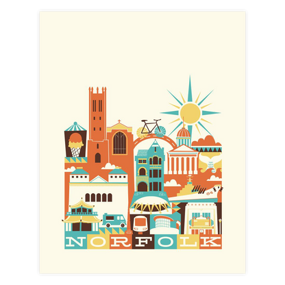 Illustration of Norfolk landmarks with colorful buildings and a sun on a beige background