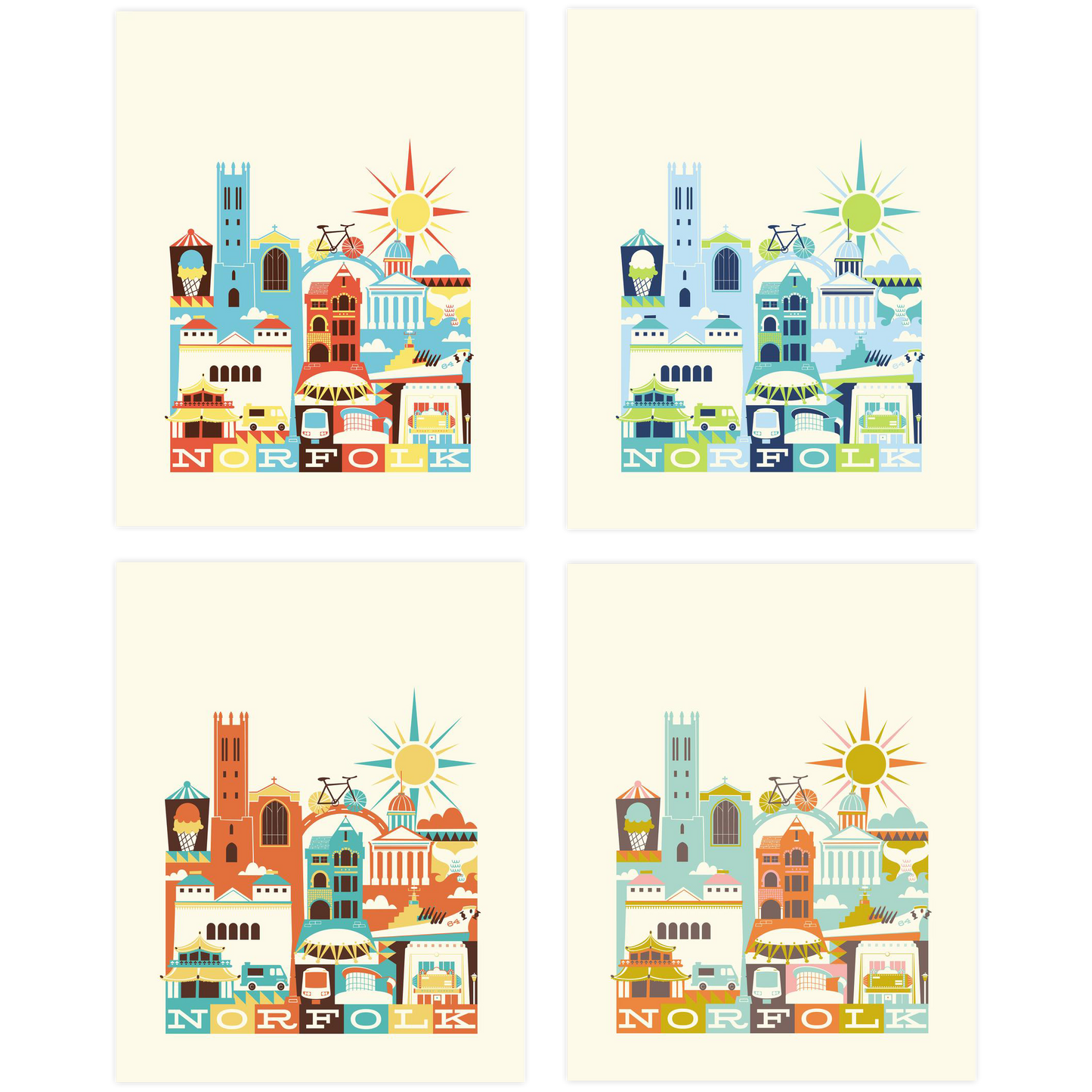 Four colorful illustrations of Norfolk with buildings and landmarks on a beige background.