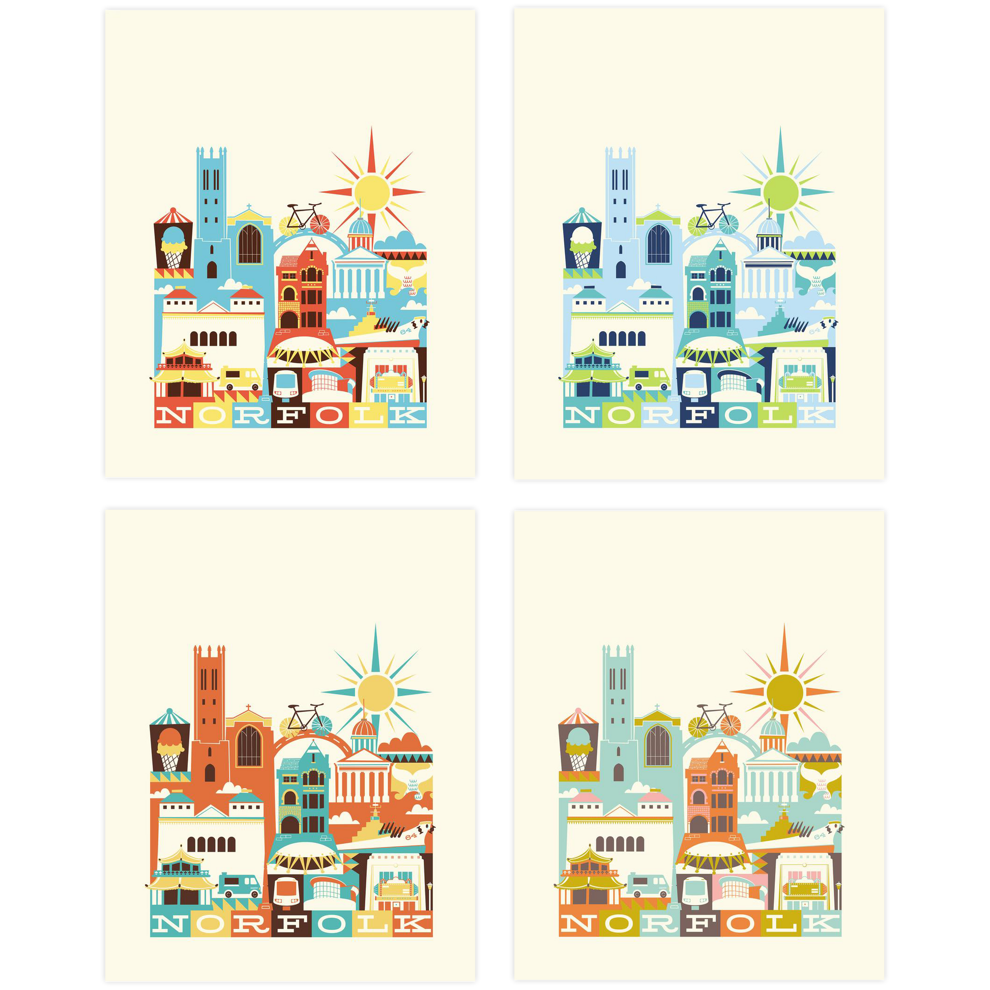 Four colorful illustrations of Norfolk with buildings and landmarks on a beige background.