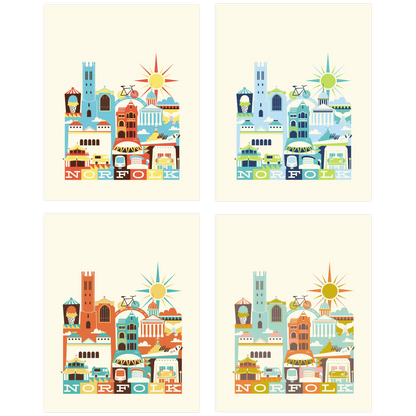 Four colorful illustrations of Norfolk with buildings and landmarks on a beige background.