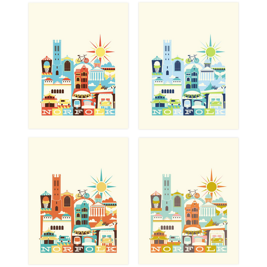 Four colorful illustrations of Norfolk with buildings and landmarks on a beige background.