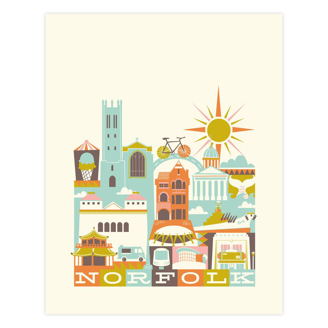 Illustration of Norfolk with colorful buildings and landmarks on a beige background