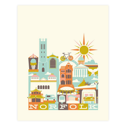 Illustration of Norfolk with colorful buildings and landmarks on a beige background