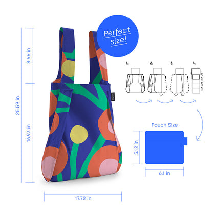 Colorful tote bag with geometric pattern and measurements on a white background