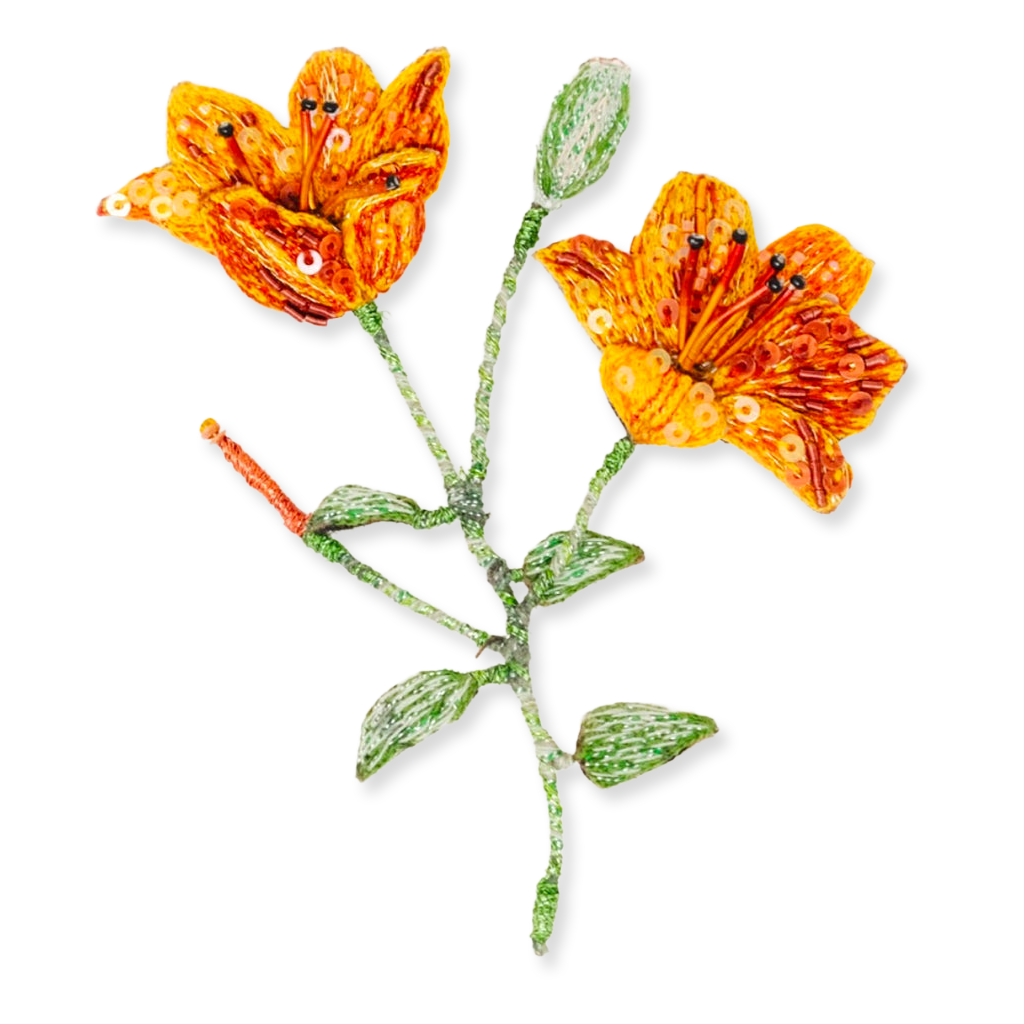 Decorative orange flowers with green stems on a white background