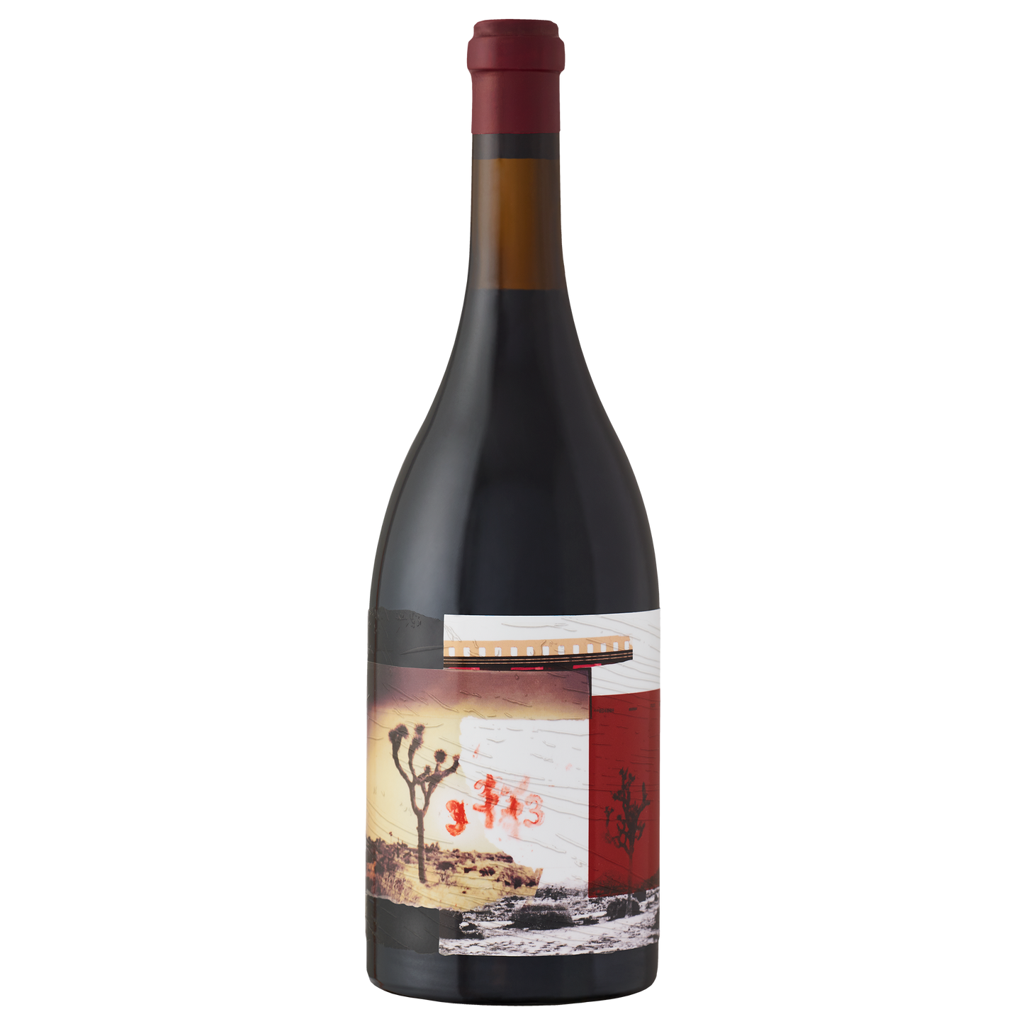 Wine bottle with a label featuring a desert landscape and cactus on a white background