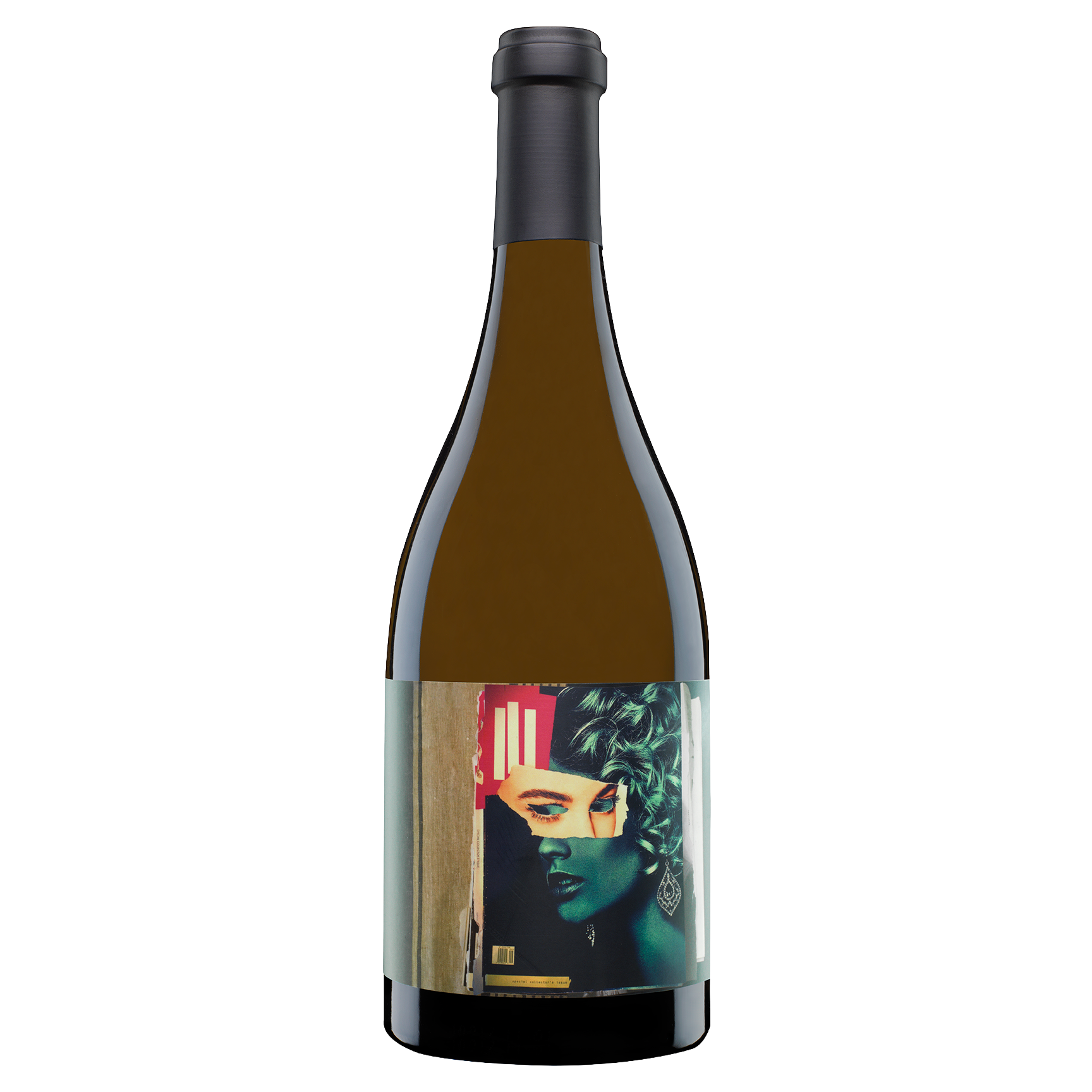 Wine bottle with a label featuring a stylized face on a white background