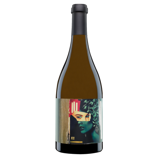Wine bottle with a label featuring a stylized face on a white background