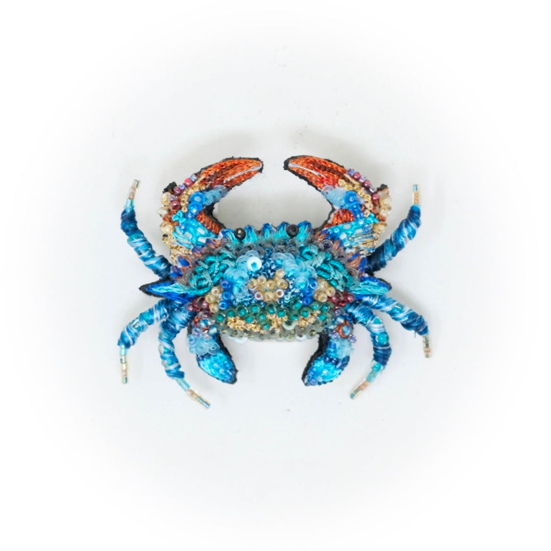 Ornate Blue Crab Embroidered Brooch