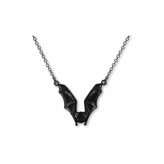Black bat-shaped pendant on a chain against a white background