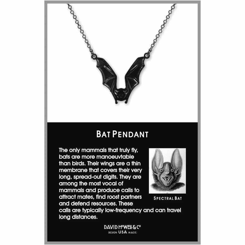 Black bat pendant necklace on a card with information about bats
