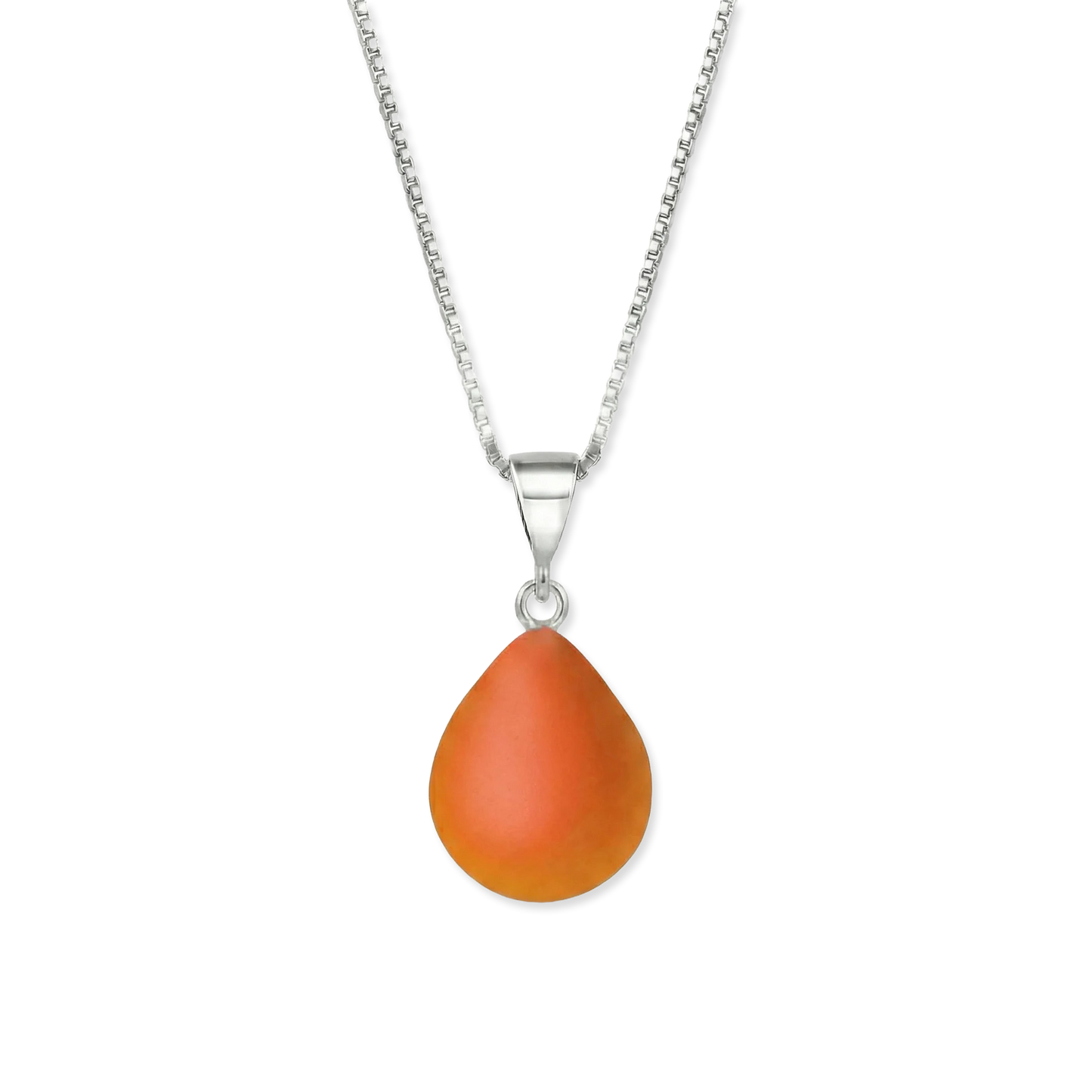 Orange teardrop pendant on a silver chain against a white background