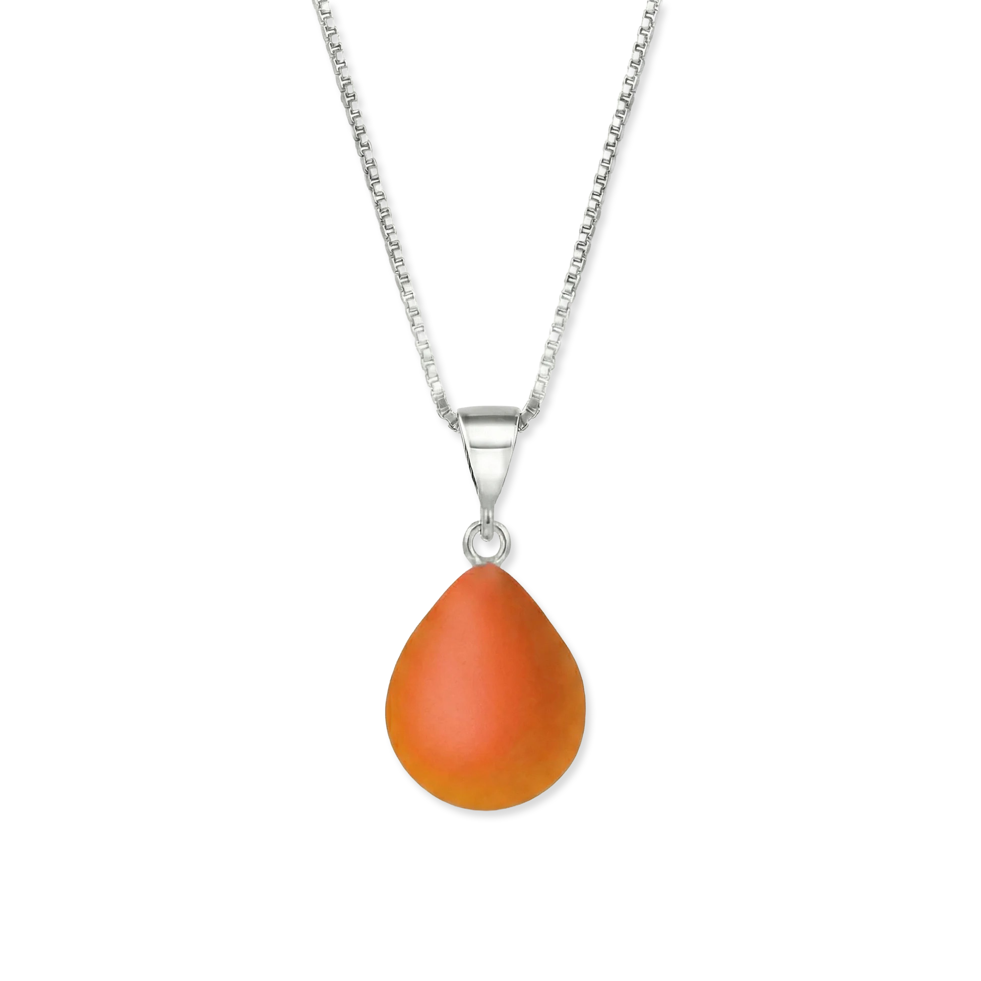 Orange teardrop pendant on a silver chain against a white background