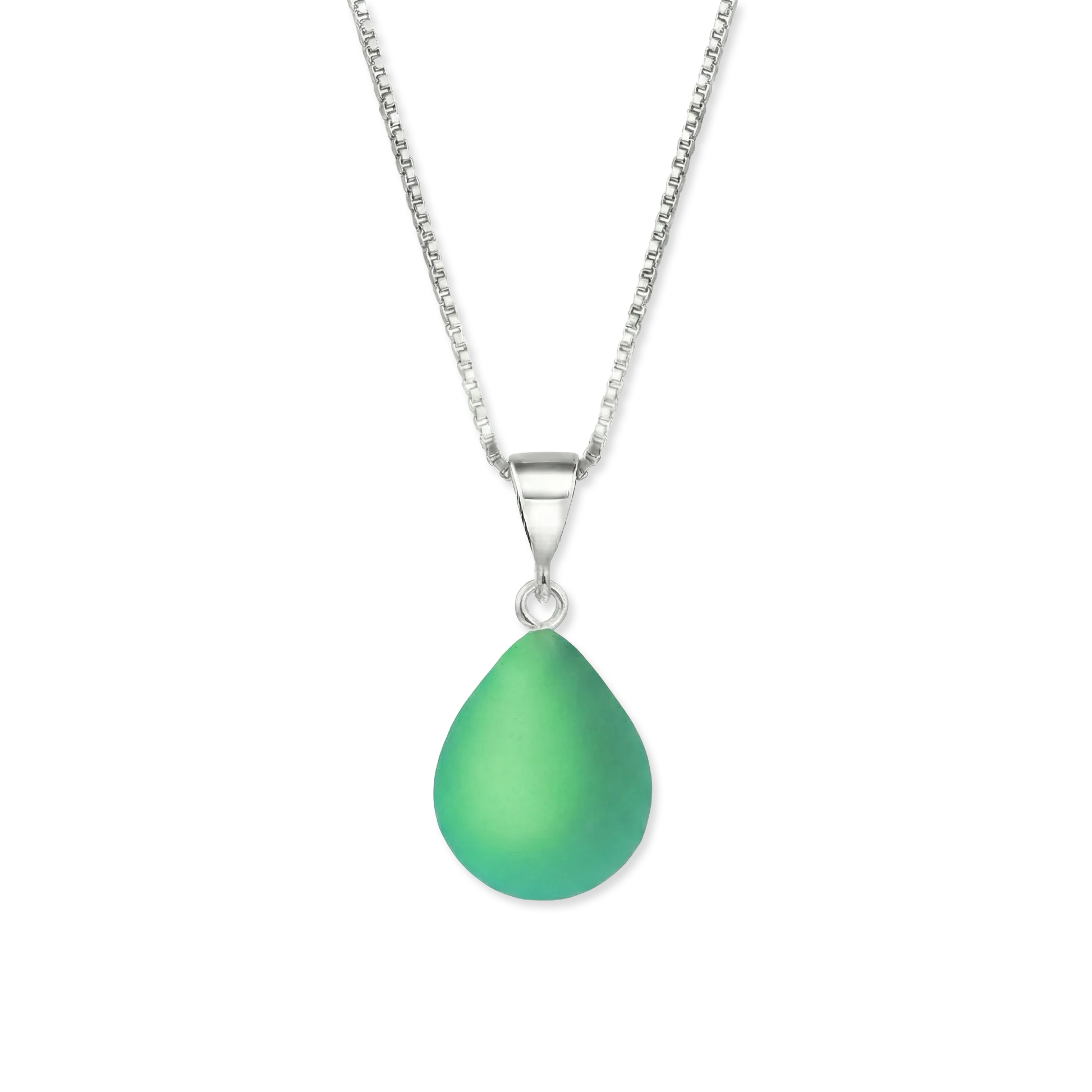 Green teardrop pendant on a silver chain against a white background
