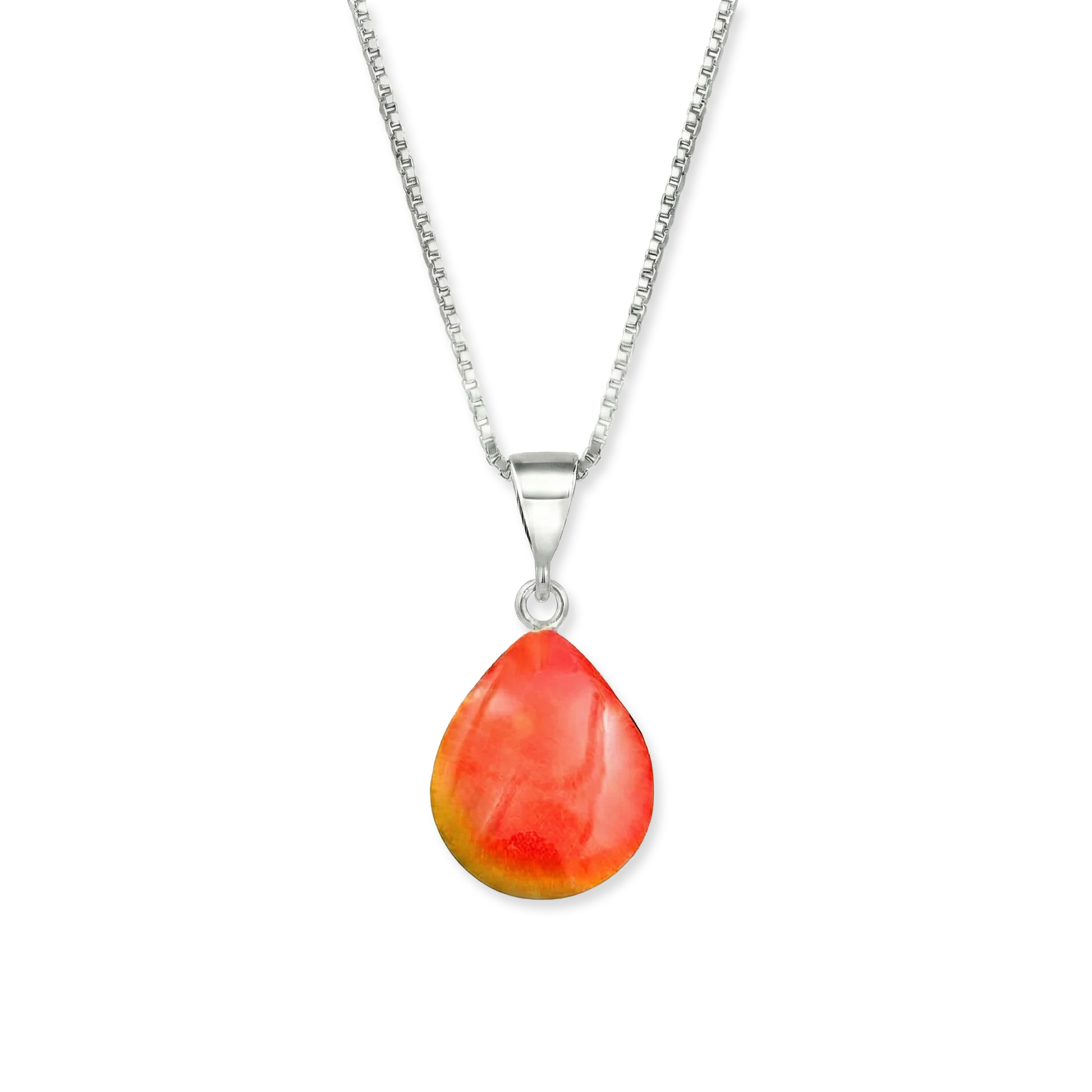 Teardrop-shaped pendant with orange and yellow color on a silver chain against a white background